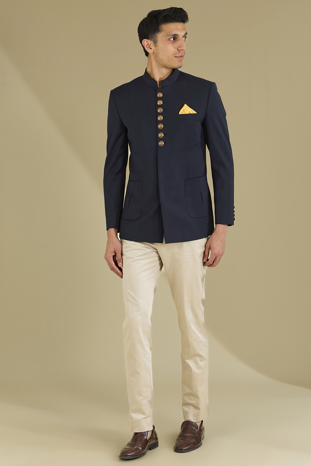 Dark Blue Poly Viscose Bandhgala Set by VICUGNA
