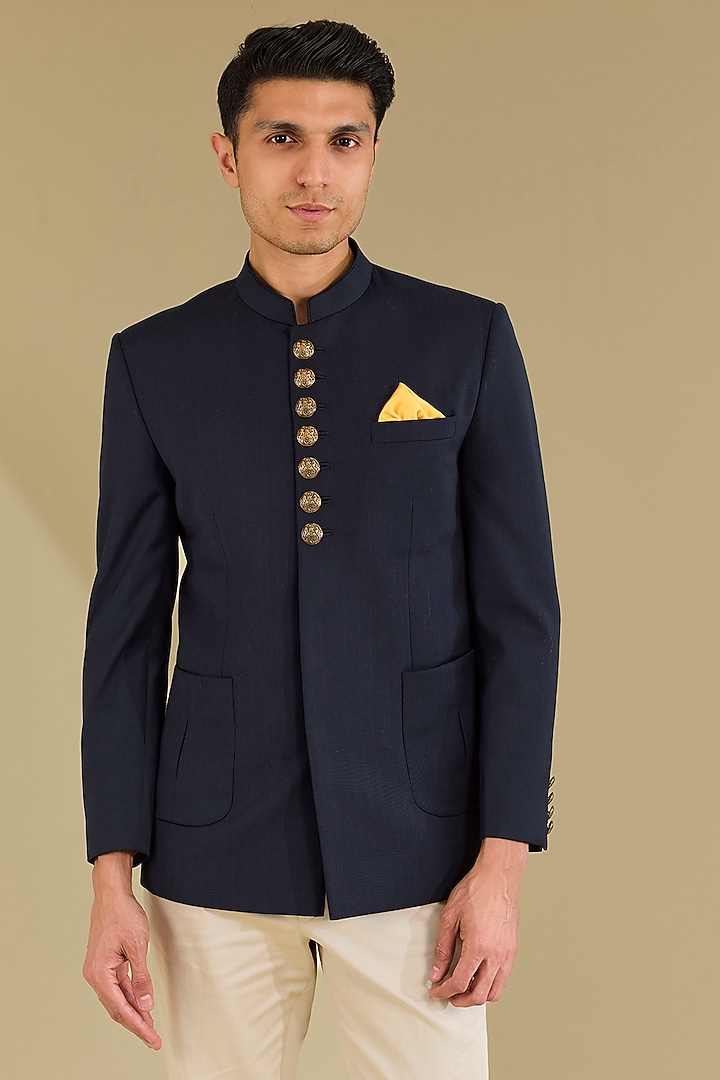 Dark Blue Poly Viscose Wedding Bandhgala Set by VICUGNA at Pernia's Pop Up Shop