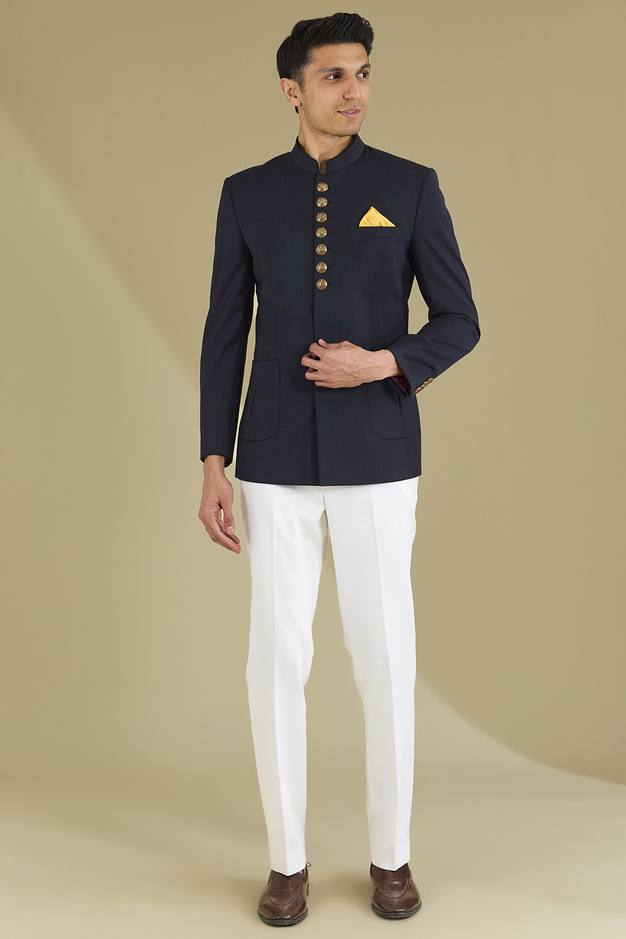 Dark Blue Poly Viscose Bandhgala Set by VICUGNA
