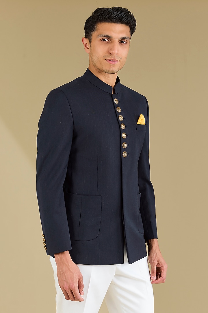 Dark Blue Poly Viscose Wedding Bandhgala Set by VICUGNA at Pernia's Pop Up Shop