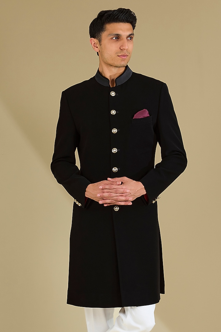 Black Poly Viscose Wedding Indowestern Set by VICUGNA at Pernia's Pop Up Shop