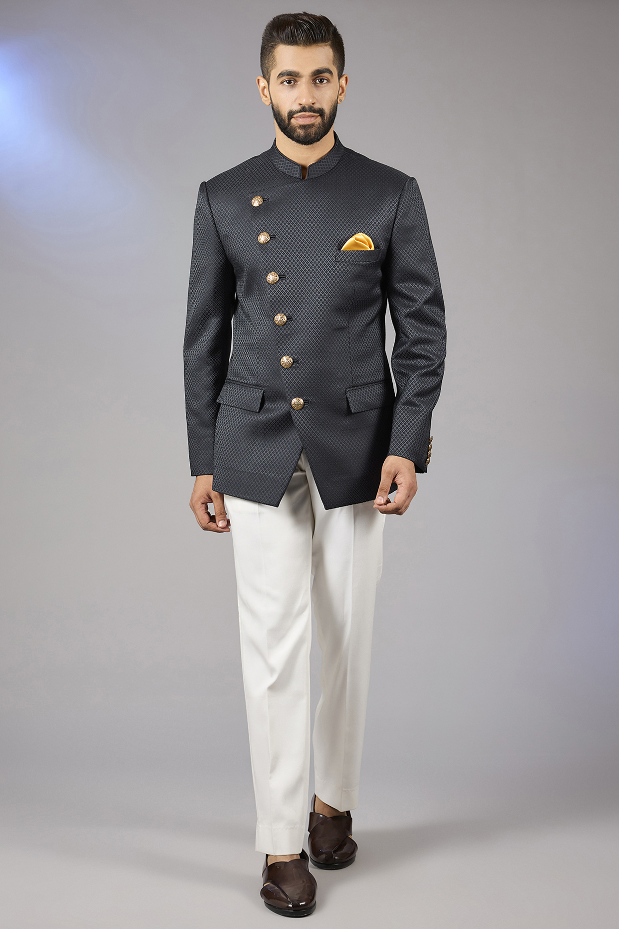 Dark Blue Poly Viscose Angrakha Bandhgala Set by VICUGNA