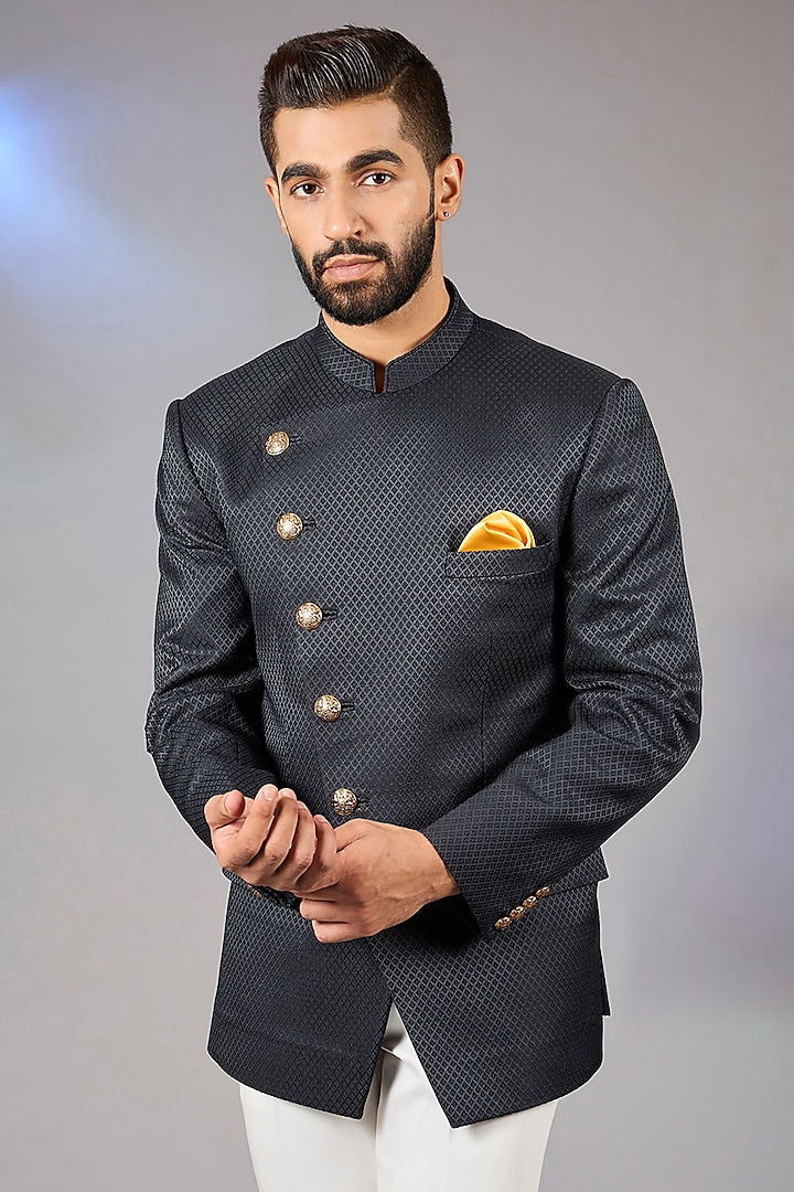 Dark Blue Poly Viscose Angrakha Wedding Bandhgala Set by VICUGNA at Pernia's Pop Up Shop