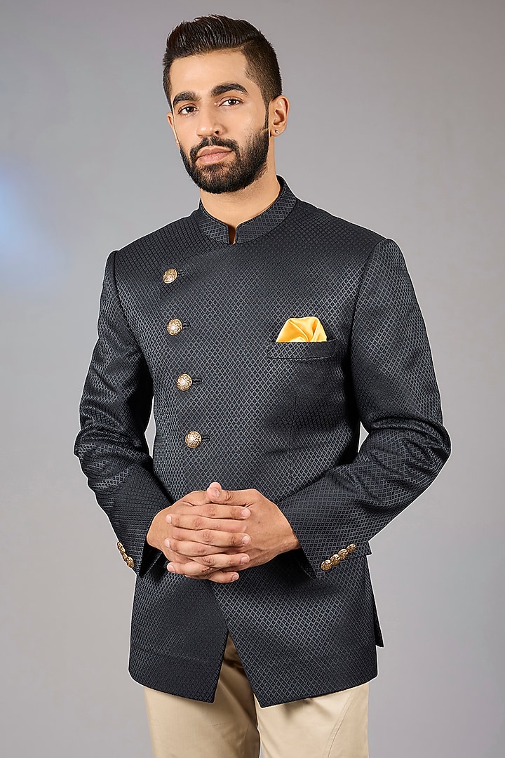Dark Blue Poly Viscose Angrakha Wedding Bandhgala Set by VICUGNA at Pernia's Pop Up Shop