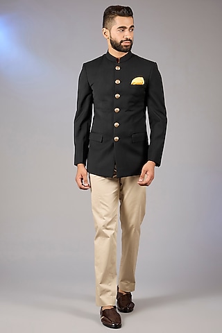 Black Poly Viscose Bandhgala Set by VICUGNA