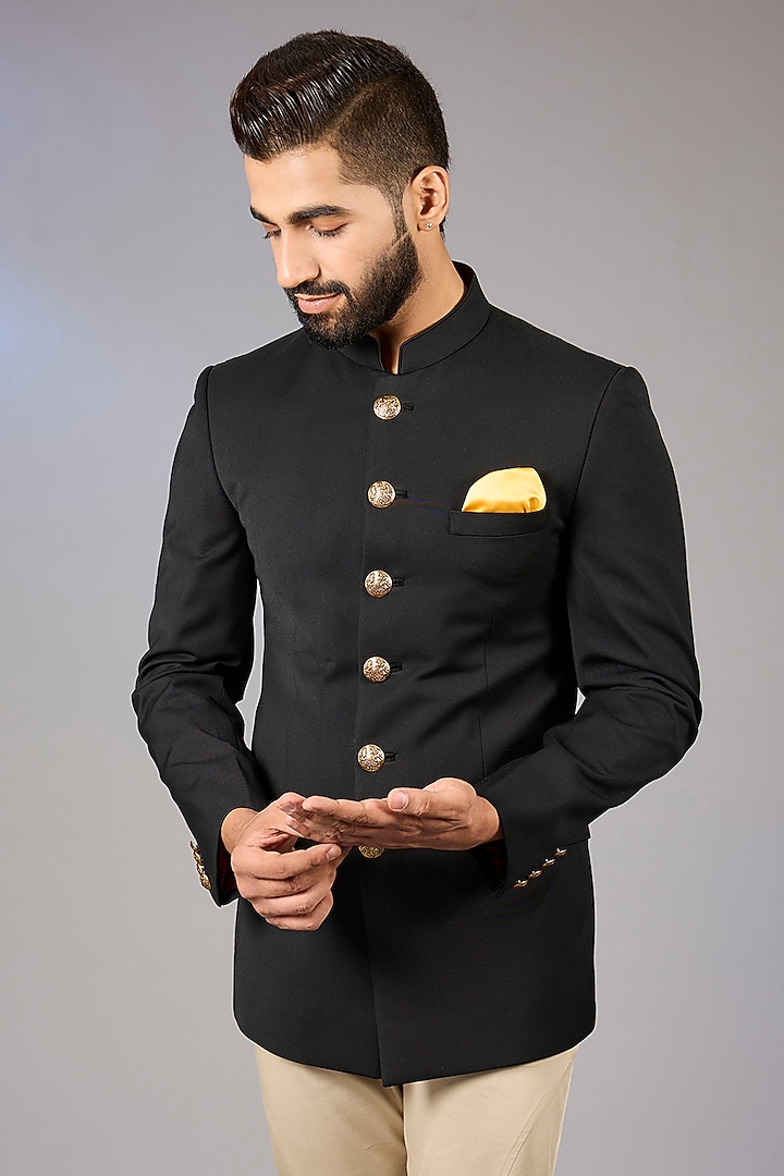 Black Poly Viscose Wedding Bandhgala Set by VICUGNA at Pernia's Pop Up Shop