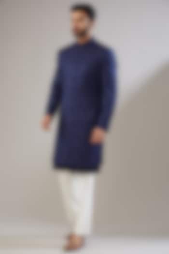 Blue Jacquard Poly Viscose Wedding Sherwani set by VICUGNA at Pernia's Pop Up Shop