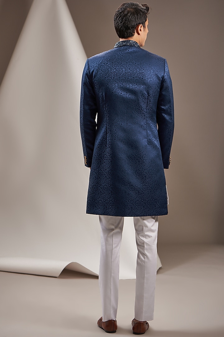 Blue Jacquard Poly Viscose Embroidered Wedding Sherwani Set by VICUGNA at Pernia's Pop Up Shop