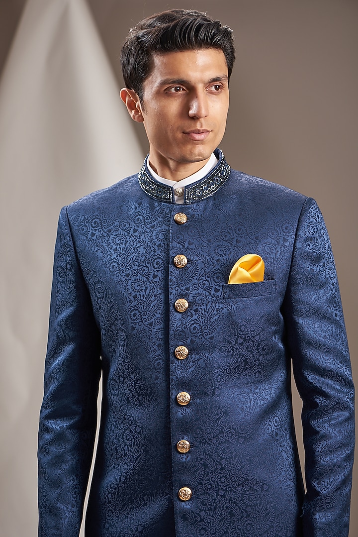 Blue Jacquard Poly Viscose Embroidered Wedding Sherwani Set by VICUGNA at Pernia's Pop Up Shop