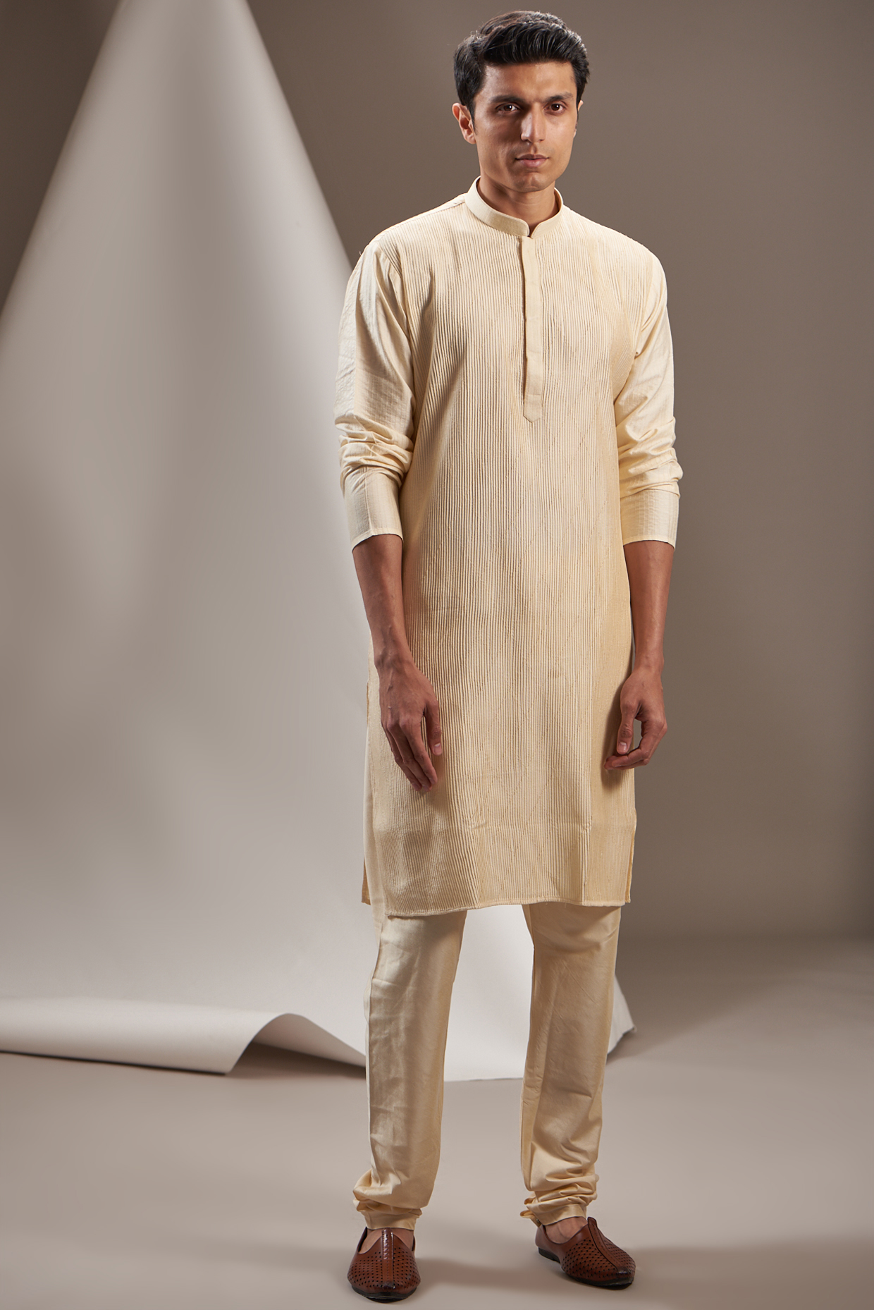 Beige Cotton Blend Textured Kurta Set by VICUGNA at Pernia's Pop Up Shop
