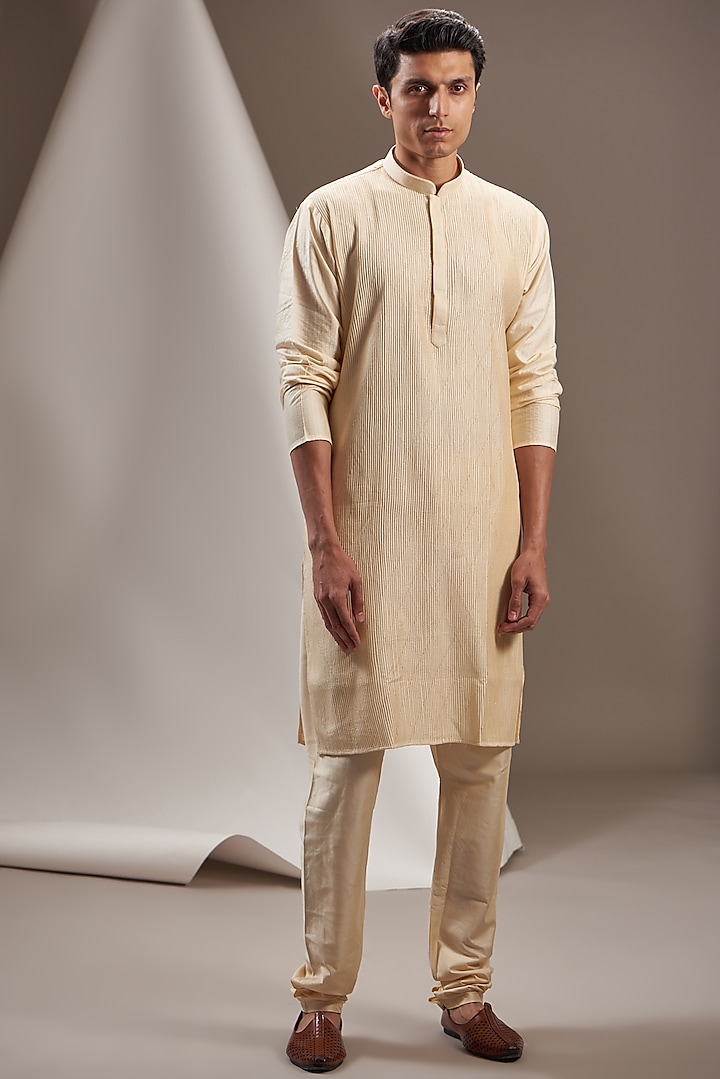 Beige Cotton Blend Textured Kurta Set by VICUGNA at Pernia's Pop Up Shop