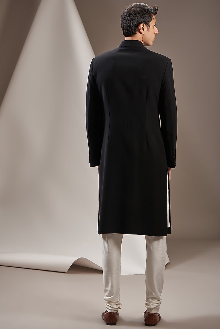 Black Poly Viscose Wedding Sherwani Set by VICUGNA at Pernia's Pop Up Shop