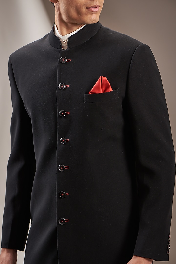 Black Poly Viscose Wedding Sherwani Set by VICUGNA at Pernia's Pop Up Shop