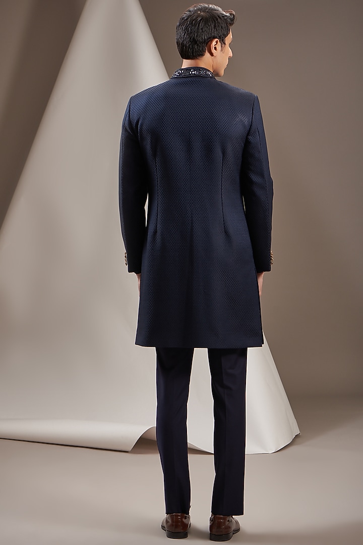 Blue Poly Viscose Embroidered Textured Wedding Sherwani Set by VICUGNA at Pernia's Pop Up Shop