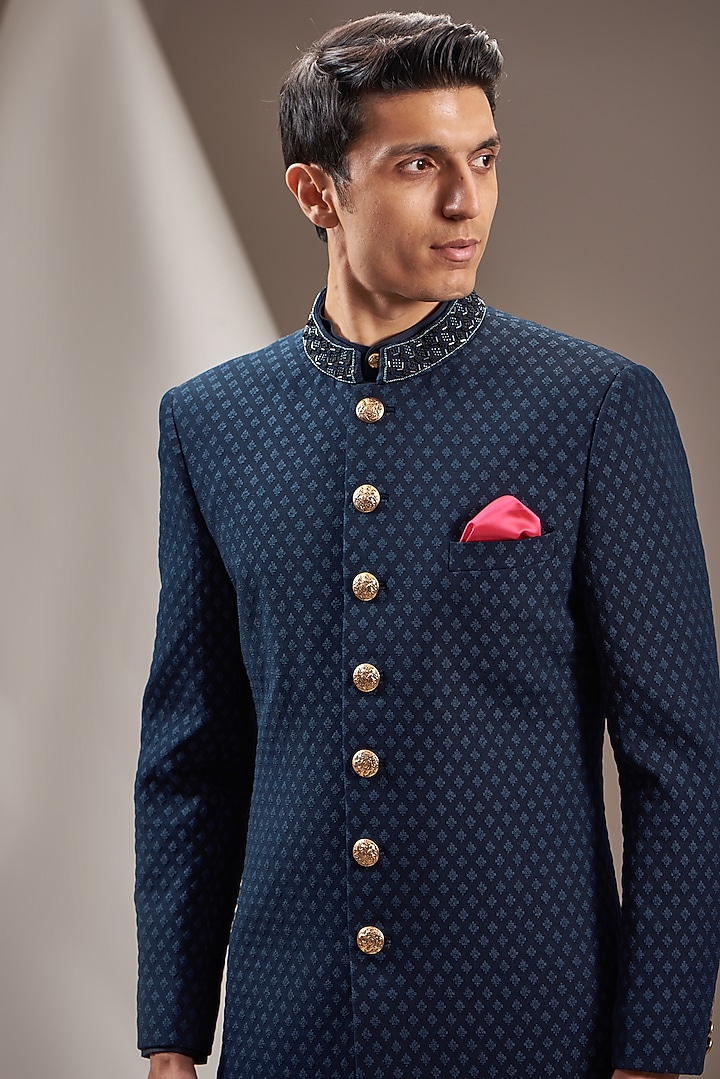 Blue Poly Viscose Embroidered Wedding Sherwani Set by VICUGNA at Pernia's Pop Up Shop