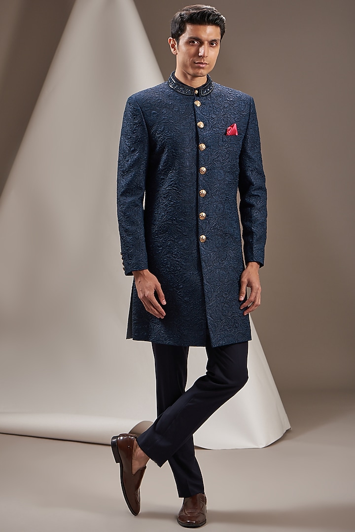 Blue Poly Viscose Embroidered Textured Sherwani Set by VICUGNA