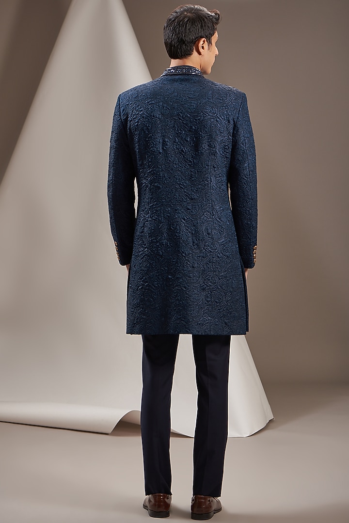 Blue Poly Viscose Embroidered Textured Wedding Sherwani Set by VICUGNA at Pernia's Pop Up Shop