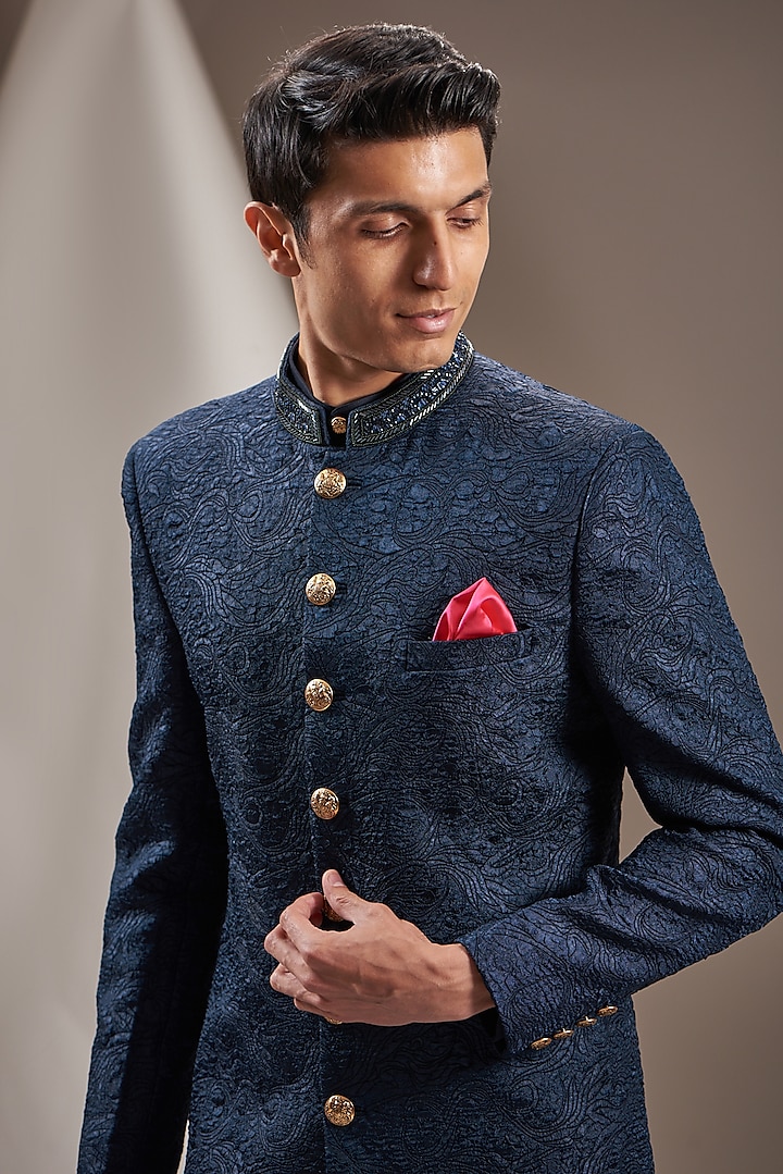 Blue Poly Viscose Embroidered Textured Wedding Sherwani Set by VICUGNA at Pernia's Pop Up Shop
