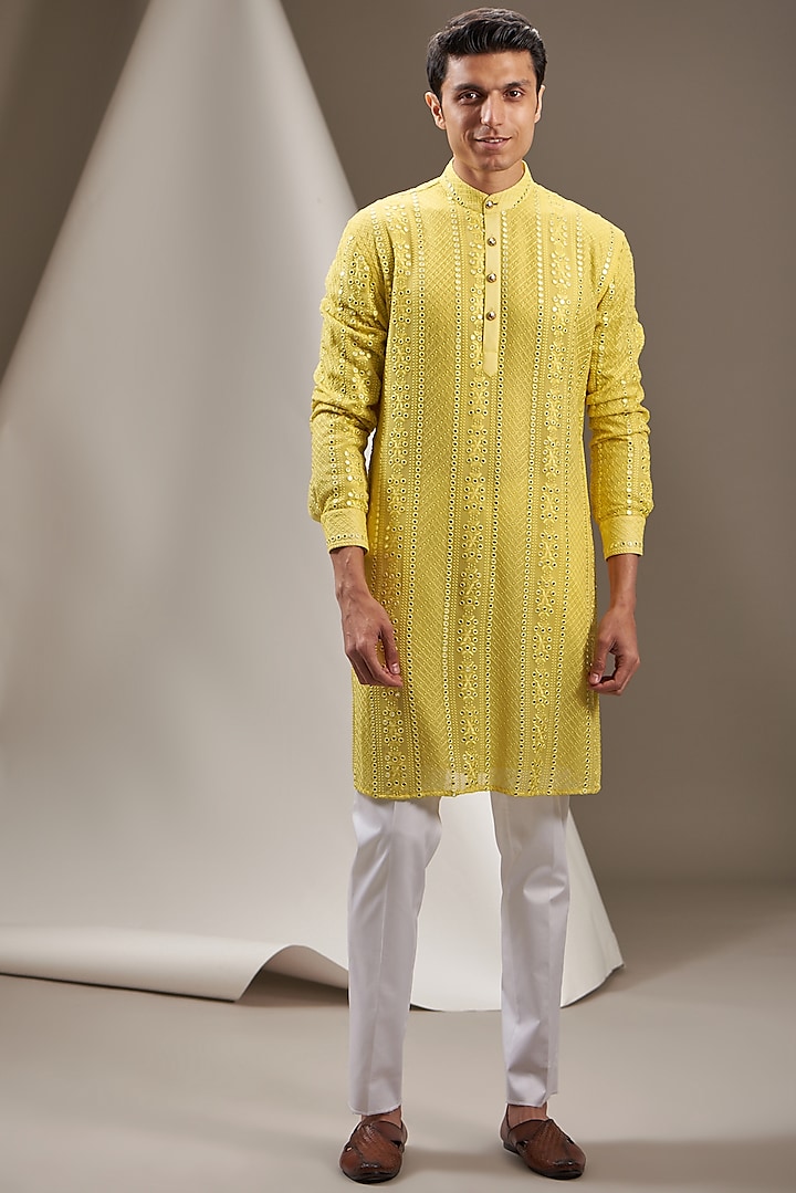 Yellow Georgette & Cotton Blend Embroidered Kurta Set by VICUGNA