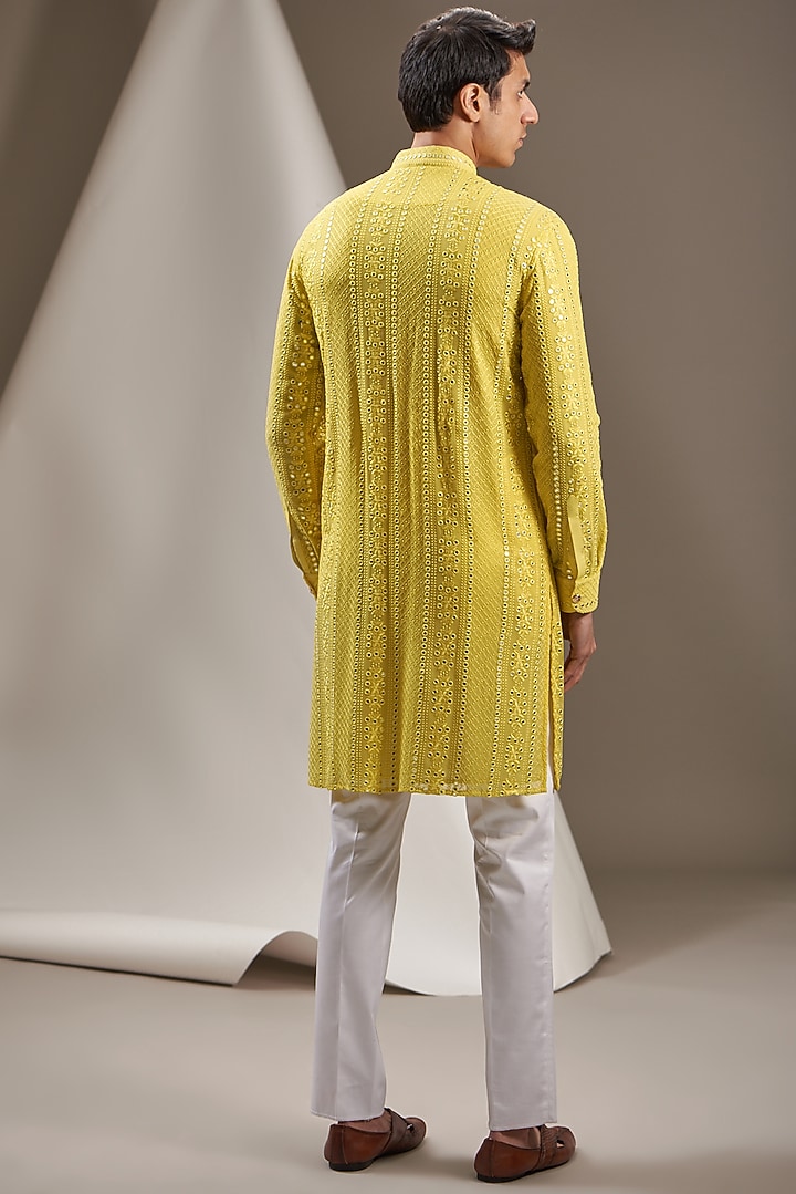 Yellow Georgette & Cotton Blend Embroidered Kurta Set by VICUGNA at Pernia's Pop Up Shop
