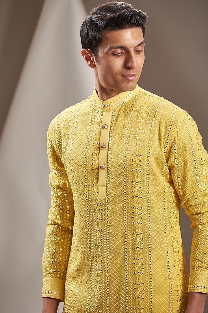Yellow Georgette & Cotton Blend Embroidered Kurta Set by VICUGNA at Pernia's Pop Up Shop