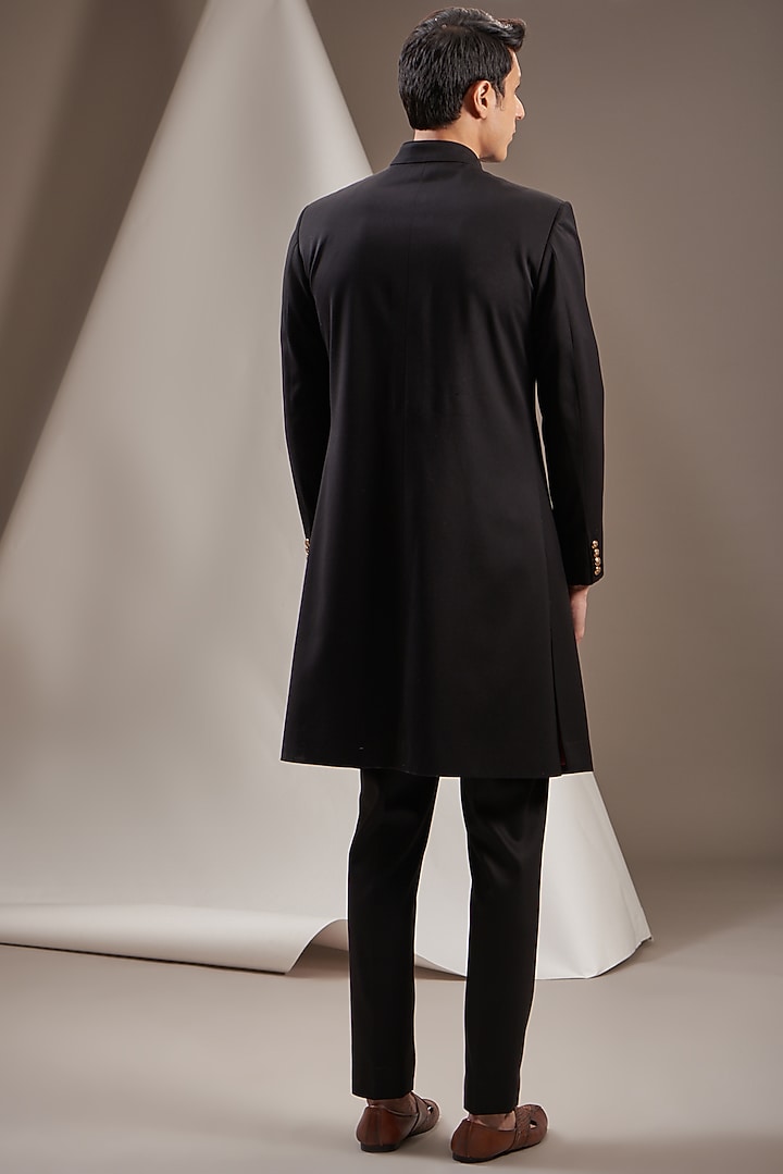 Black Poly Viscose Wedding Sherwani Set by VICUGNA at Pernia's Pop Up Shop