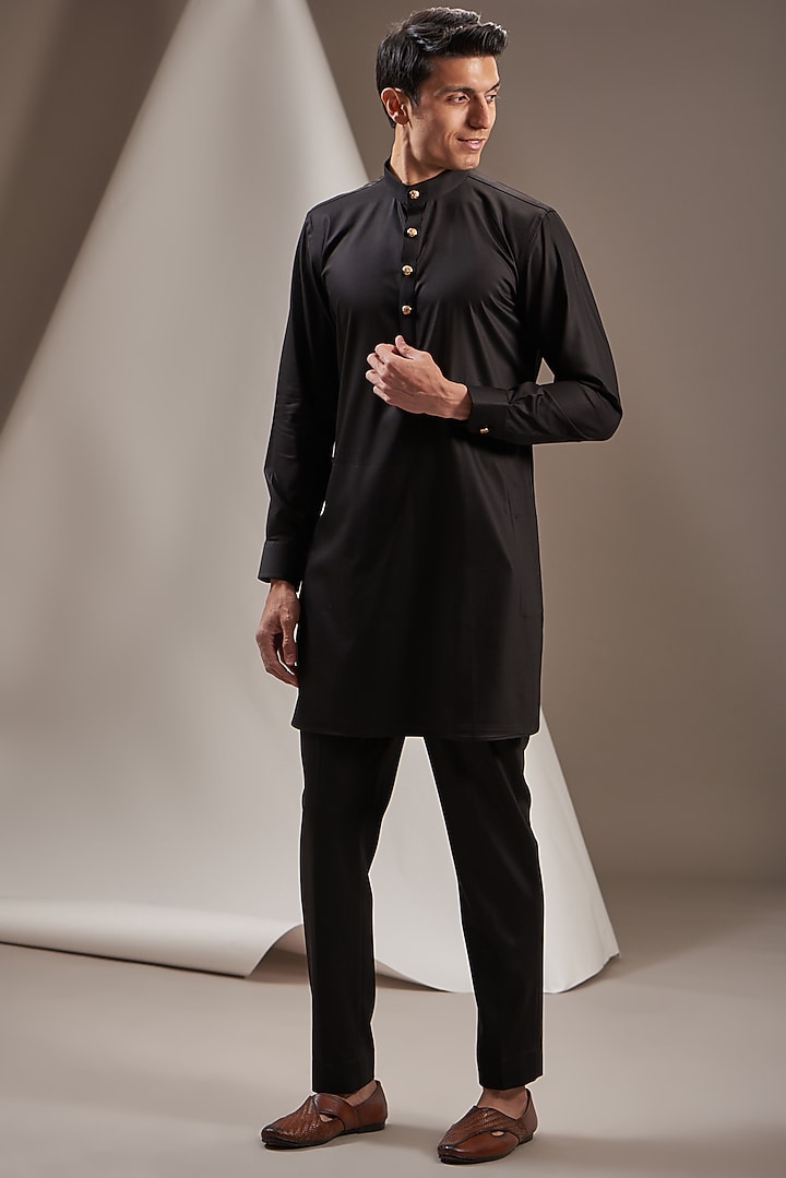Black Poly Viscose Wedding Sherwani Set by VICUGNA at Pernia's Pop Up Shop