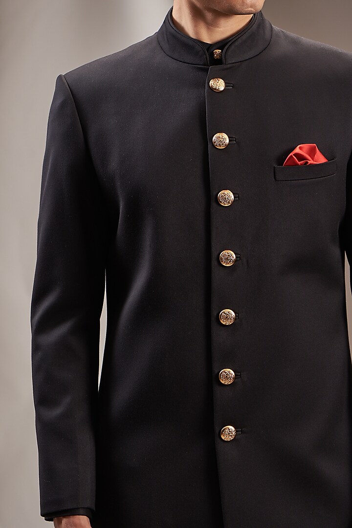 Black Poly Viscose Wedding Sherwani Set by VICUGNA at Pernia's Pop Up Shop