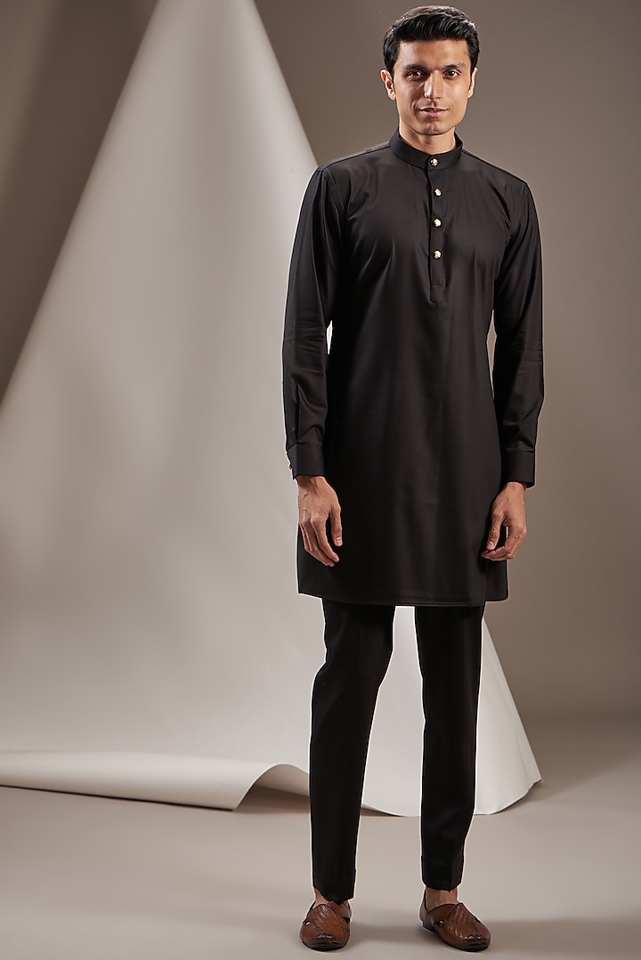 Black Cotton Lycra Blend Kurta Set by VICUGNA