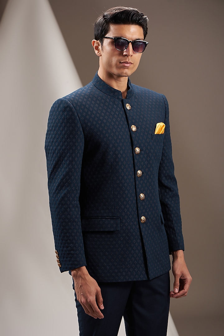 Blue Poly Viscose Embroidered Wedding Bandhgala Set by VICUGNA at Pernia's Pop Up Shop