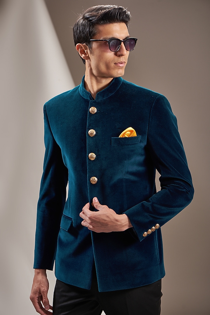 Teal Cotton Velvet Wedding Bandhgala Set by VICUGNA at Pernia's Pop Up Shop