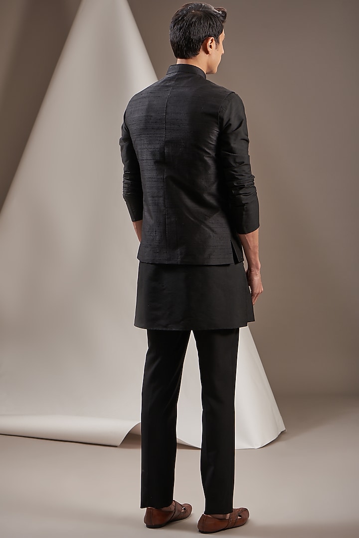 Black Raw Silk Nehru Jacket Set by VICUGNA at Pernia's Pop Up Shop