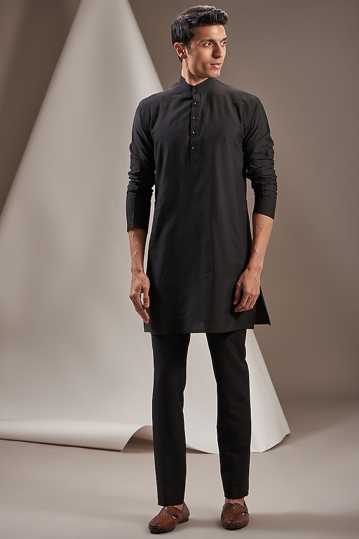 Black Raw Silk Nehru Jacket Set by VICUGNA at Pernia's Pop Up Shop