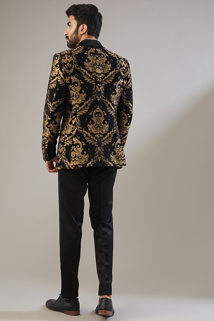 Gold & Black Jacquard Poly Viscose Tuxedo Set by VICUGNA at Pernia's Pop Up Shop
