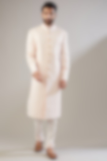 Blush Pink Jacquard Poly Viscose Sherwani Set by VICUGNA