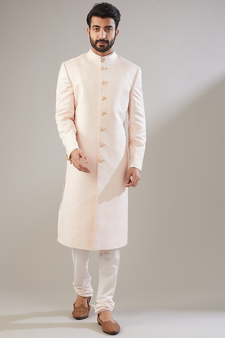 Blush Pink Jacquard Poly Viscose Sherwani Set by VICUGNA