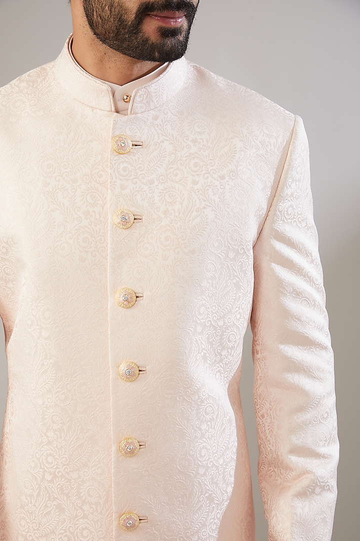 Blush Pink Jacquard Poly Viscose Wedding Sherwani Set by VICUGNA at Pernia's Pop Up Shop