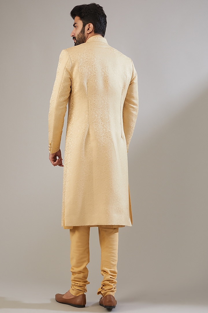 Beige Jacquard Poly Viscose Wedding Sherwani Set by VICUGNA at Pernia's Pop Up Shop