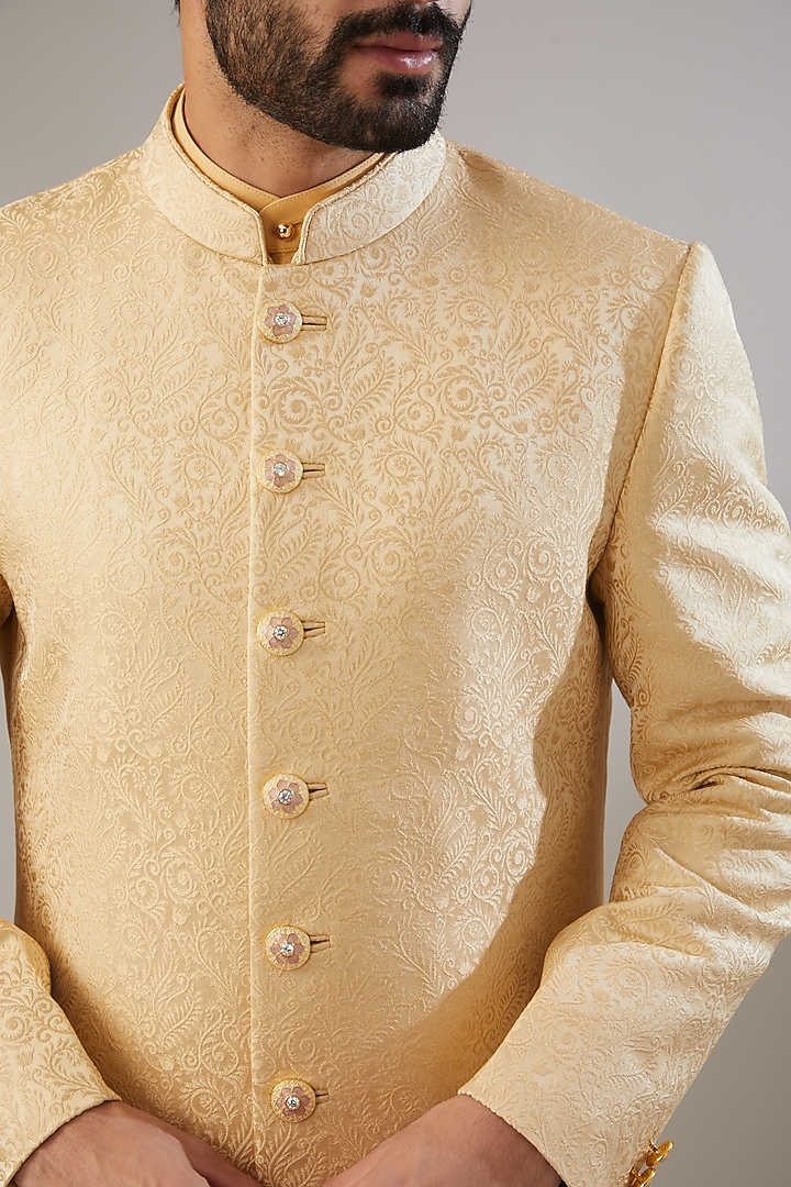 Beige Jacquard Poly Viscose Wedding Sherwani Set by VICUGNA at Pernia's Pop Up Shop