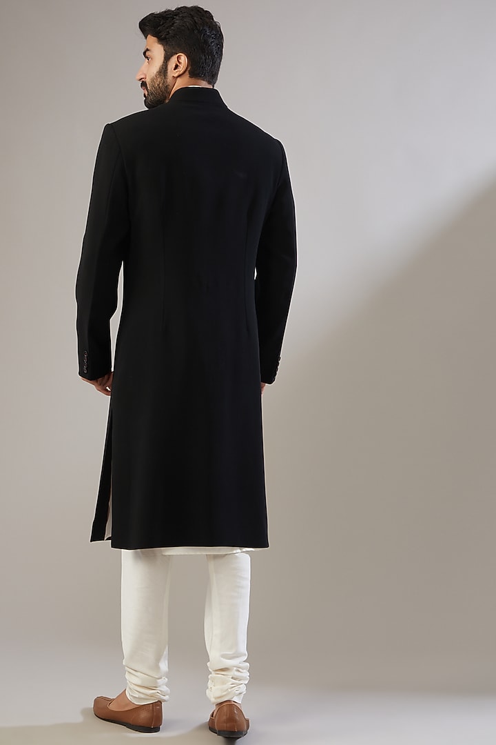 Black Poly Viscose Wedding Sherwani Set by VICUGNA at Pernia's Pop Up Shop