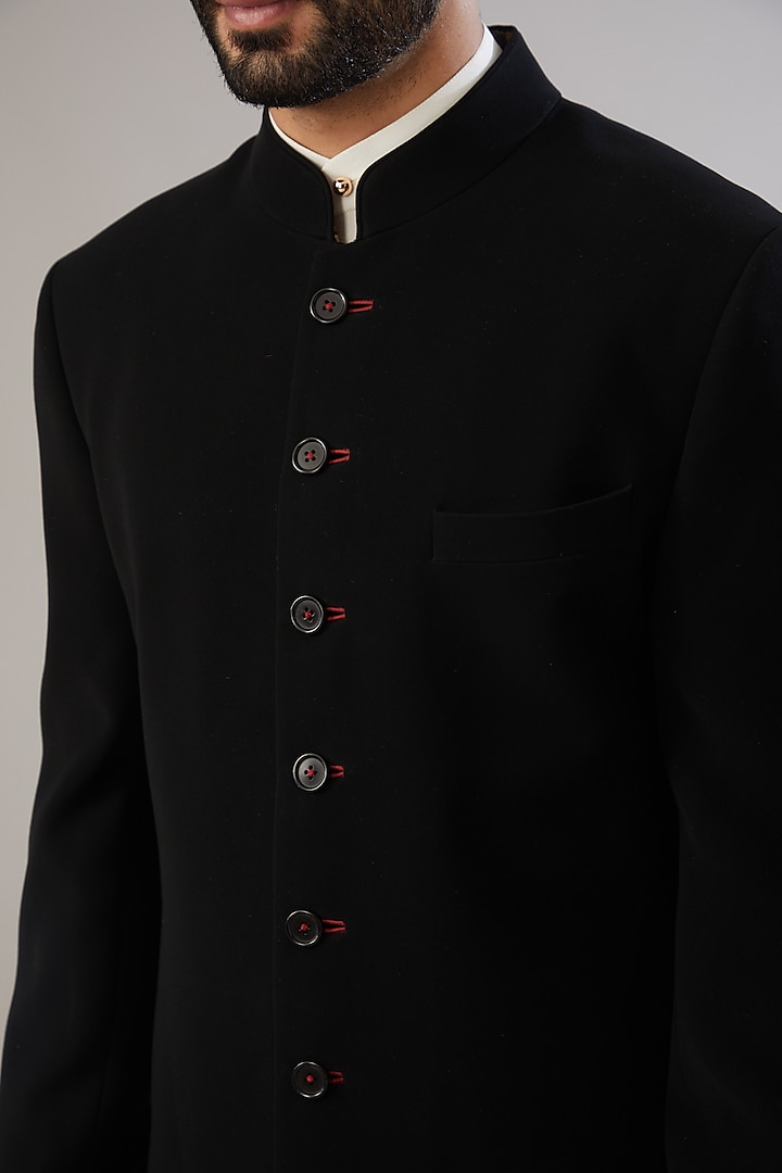 Black Poly Viscose Wedding Sherwani Set by VICUGNA at Pernia's Pop Up Shop