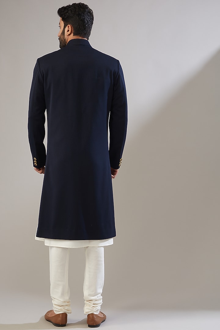 Dark Blue Poly Viscose Wedding Sherwani Set by VICUGNA at Pernia's Pop Up Shop