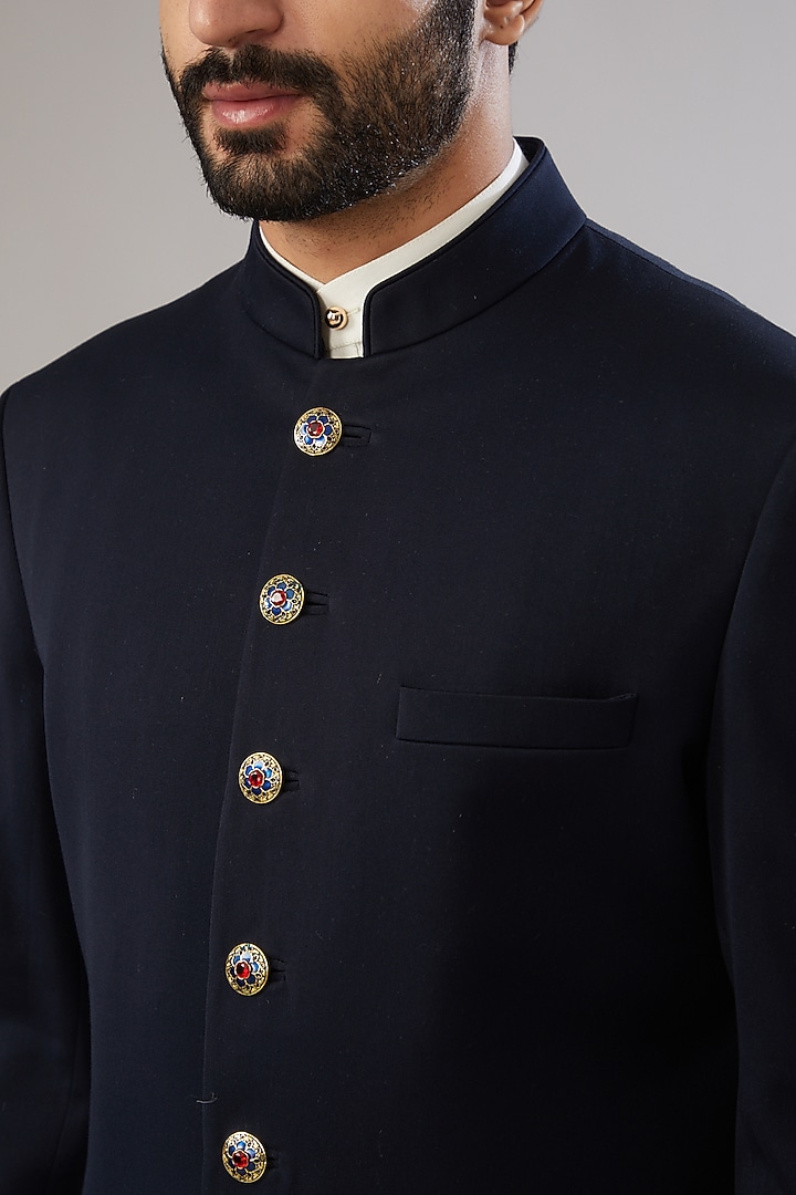 Dark Blue Poly Viscose Wedding Sherwani Set by VICUGNA at Pernia's Pop Up Shop