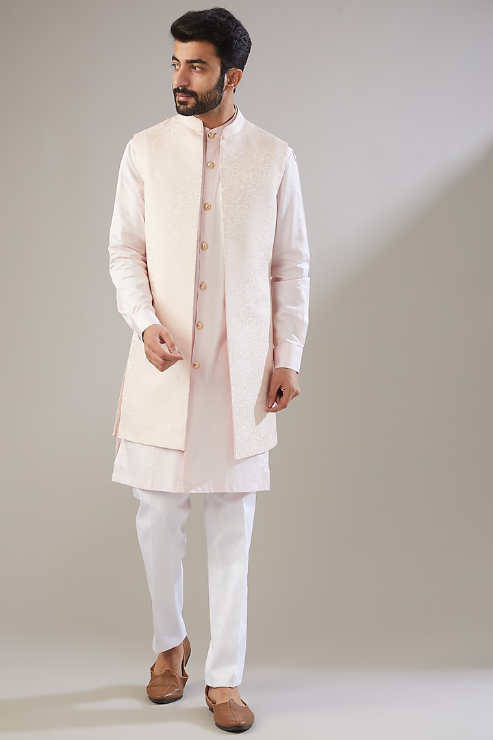 Blush Pink Jacquard Wedding Indowestern Set by VICUGNA at Pernia's Pop Up Shop