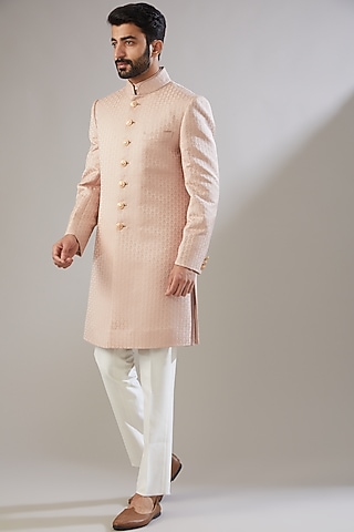 Pastel Pink Jacquard Poly Viscose Sherwani Set by VICUGNA