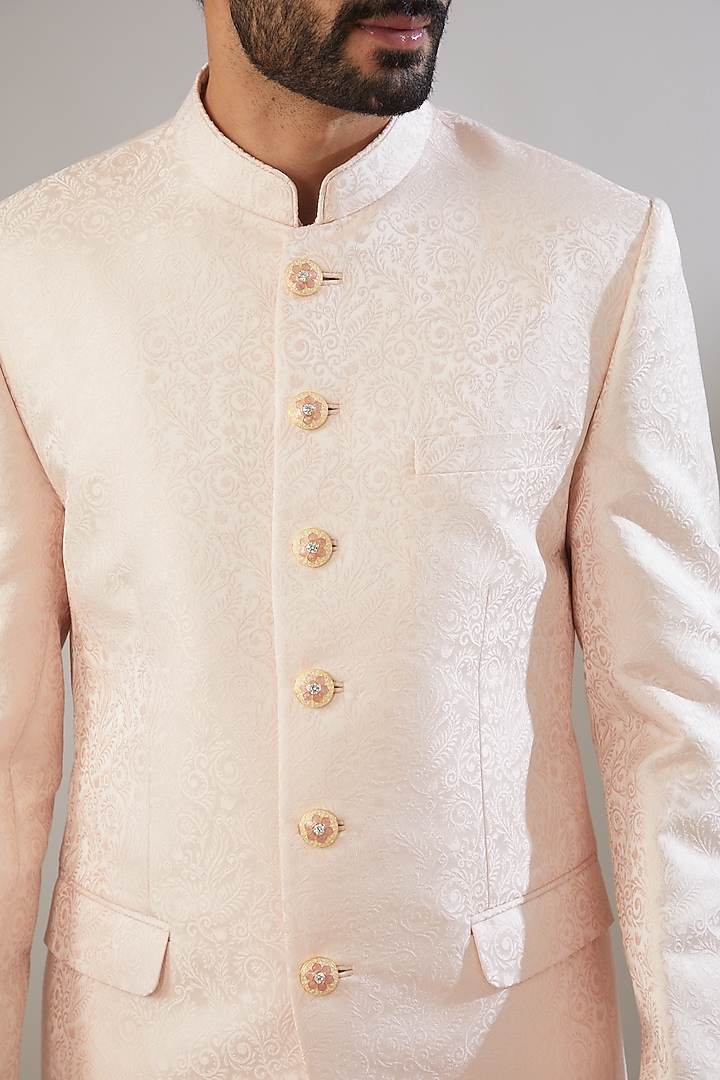 Blush Pink Jacquard Poly Viscose Wedding Bandhgala Set by VICUGNA at Pernia's Pop Up Shop