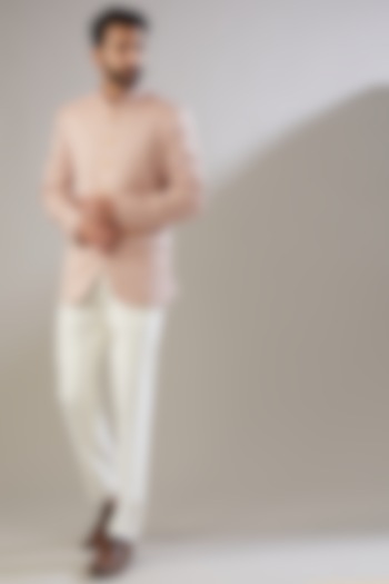 Pastel Pink Jacquard Wedding Bandhgala Set by VICUGNA at Pernia's Pop Up Shop