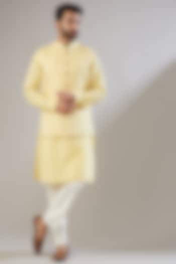 Yellow Jacquard Nehru Jacket With Kurta Set by VICUGNA