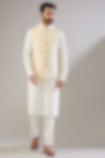 Light Beige Jacquard Poly Viscose Nehru Jacket Set by VICUGNA