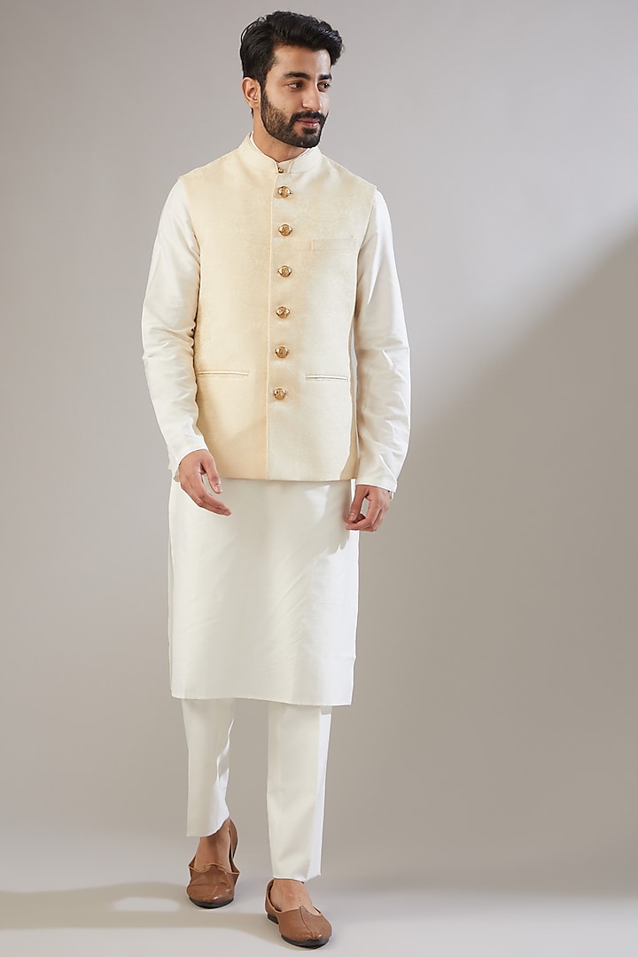 Light Beige Jacquard Nehru Jacket With Kurta Set by VICUGNA